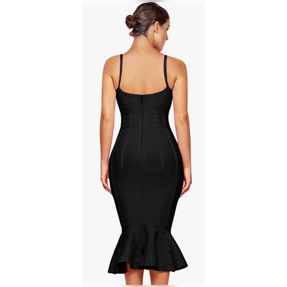Mermaid Spaghetti Strap V-Neck Bodycon Midi Cocktail Bandage Dress - Picture 2 of 4